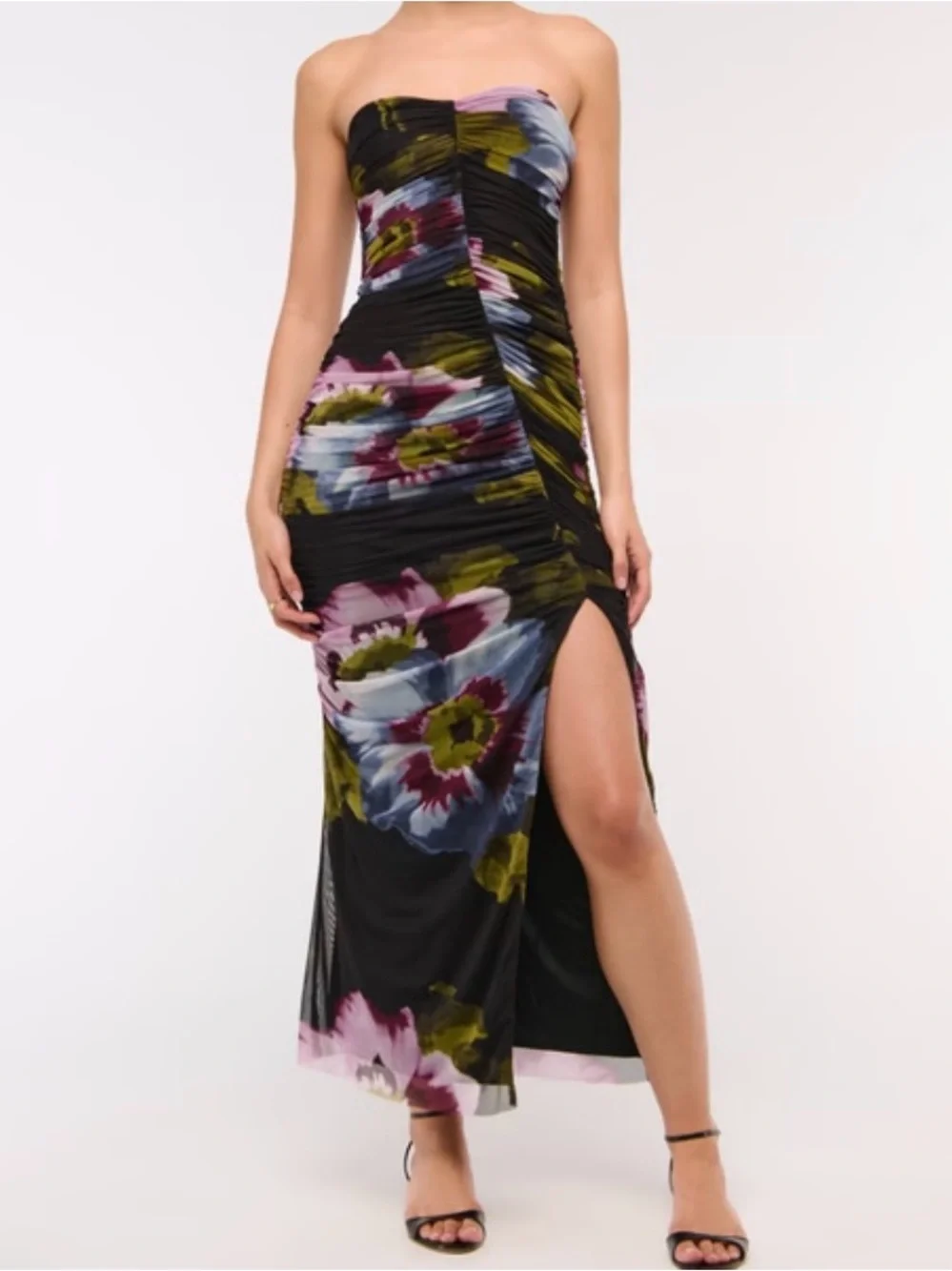 Abercrombie & Fitch Black Strapless Floral Maxi Dress with Side Slit